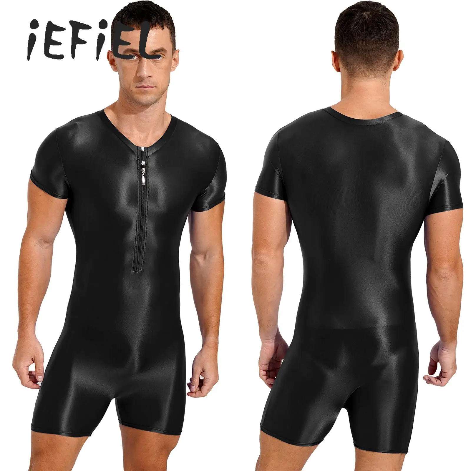 Men's One-Piece Swimsuit Glossy Zipper Front Shorty Jumpsuit Swimwear Stretchy Tight Bodysuit Rash Guards Beach Bathing Suit