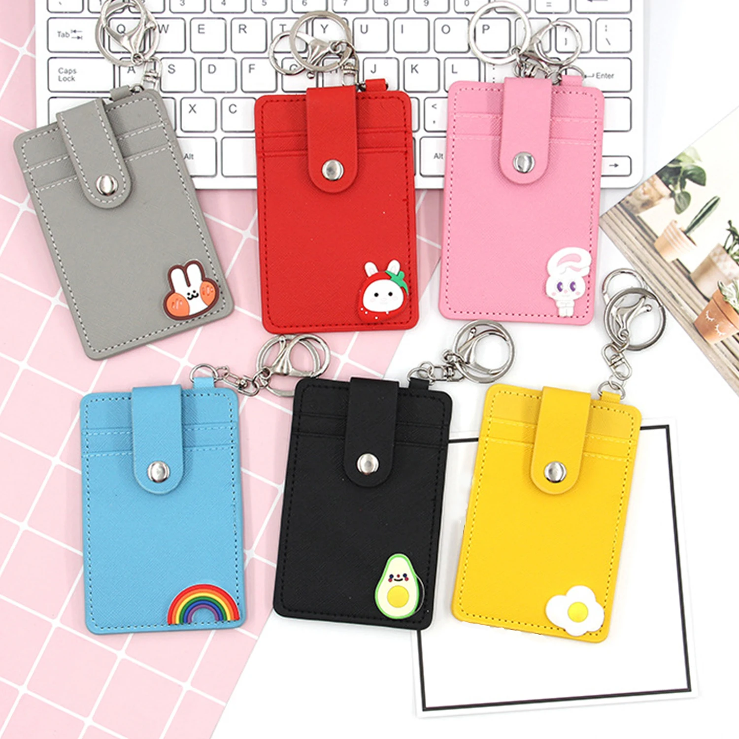 1Pc Bank Credit Card Holder Bus ID Cards Holders Women Men Fashion Card Bags Keychain Cute Cartoon Card Case Key Chain Ring