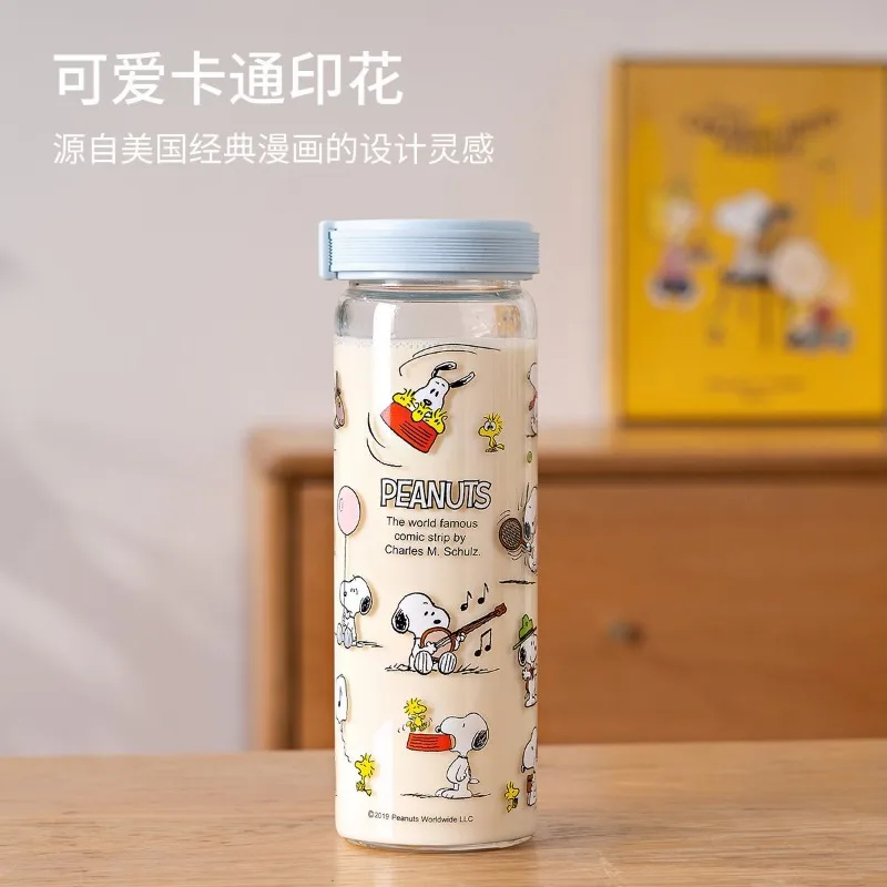 Snoopy Cartoon Glass Water Bottle Transparent Portable Sport Leakproof Drinking Bottles Outdoor Travel Kids Water Bottle Gifts