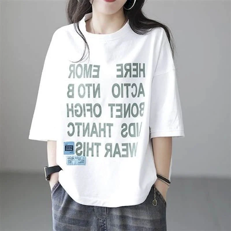 

Футболки с принтом, Женская Летняя распродажа, винтажная хлопковая одежда, свободные пуловеры, женская одежда в Корейском стиле с круглым вырезом