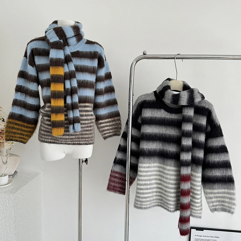

Vintage Striped Sweater Women Autumn Winter Long Sleeve Loose Casual Knitwear with Scarf Korean Fashion Soft Fuffy Pullovers