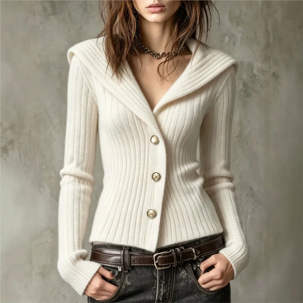 Women Sailor Collar Knit Cardigan Long Sleeve Single‑Breasted Button Slim Fit Knit Sweater Vintage Outerwear Casual Knitted Tops