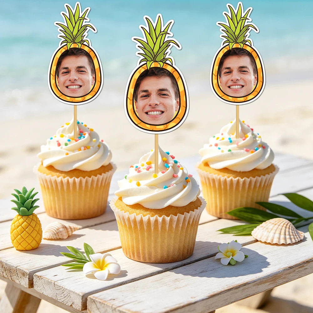 12 Stück personalisierte Ananas-Kuchenaufsätze mit Geburtstagsfoto, tropische Kuchenaufsätze mit Foto für hawaiianische Luau-Sommerpartys