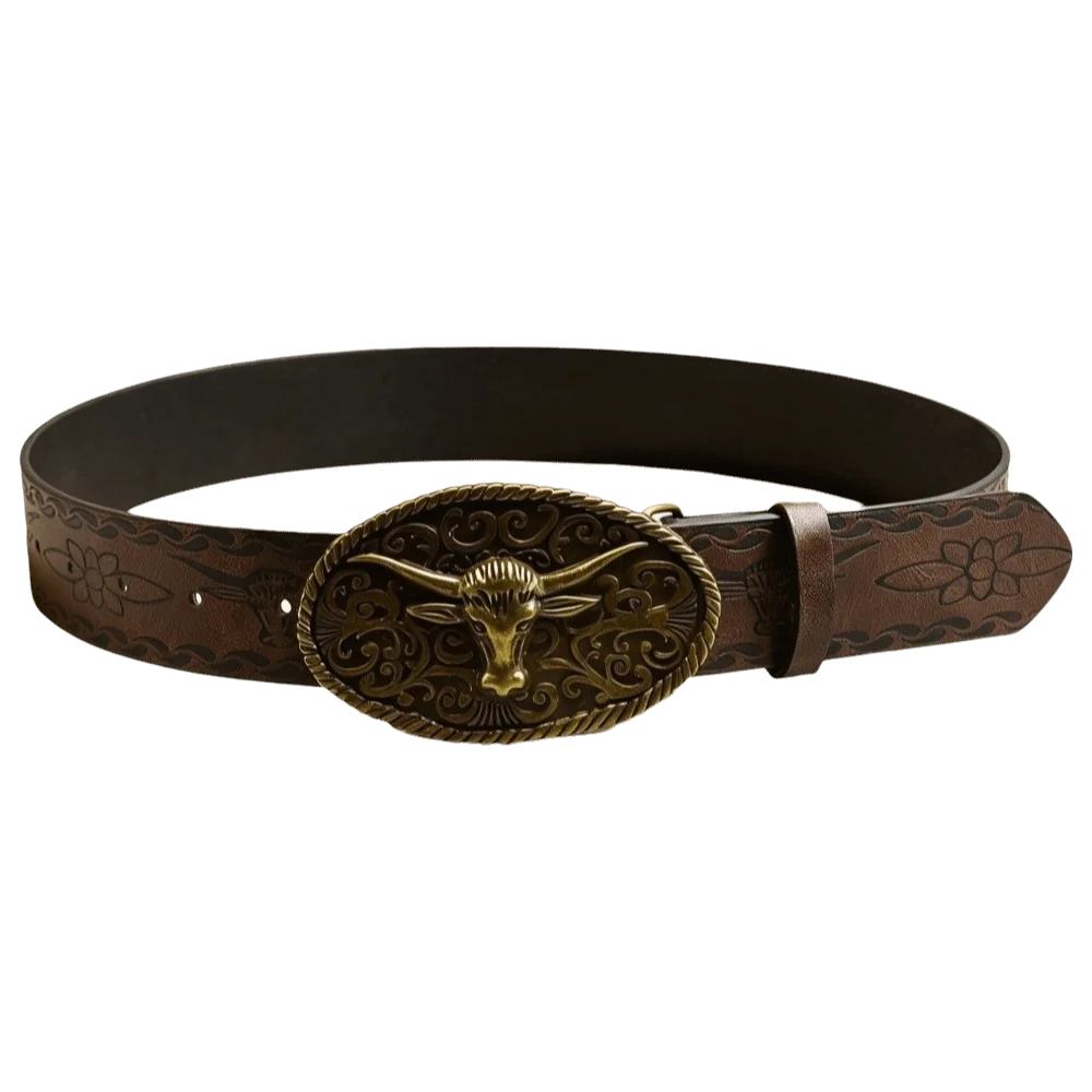 Ox Head Carved Buckle Western Cowboy Belt Bohemian Print Design Leather Texture Vintage Casual Belt Adjustable Length
