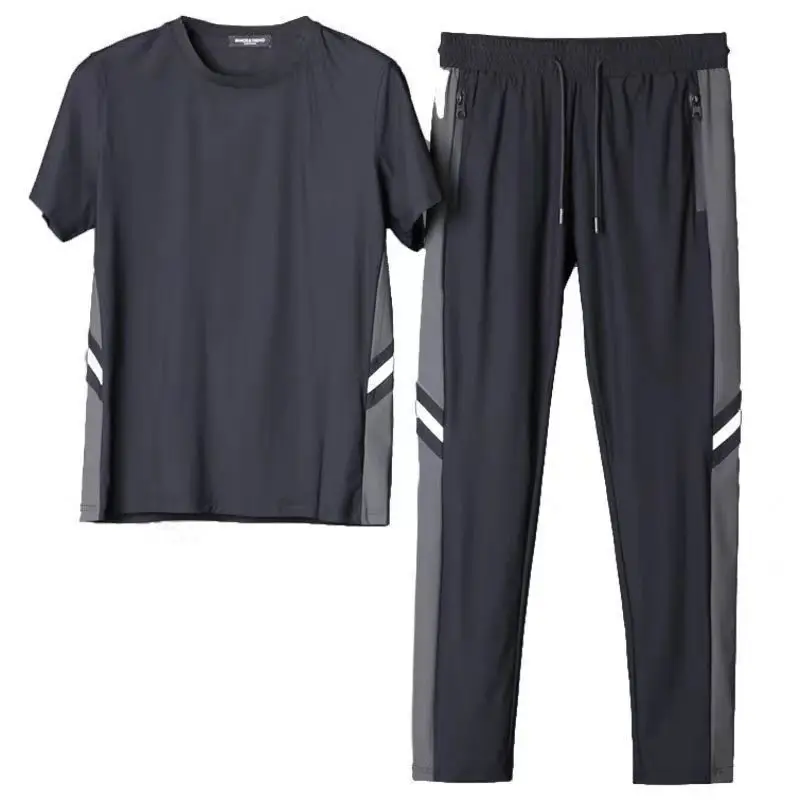 Trend Male Clothes Summer Short Sleeve Casual Patchwork Solid Color T-shirt Elastic Supple Fashion Tracksuit Men Trousers Sets