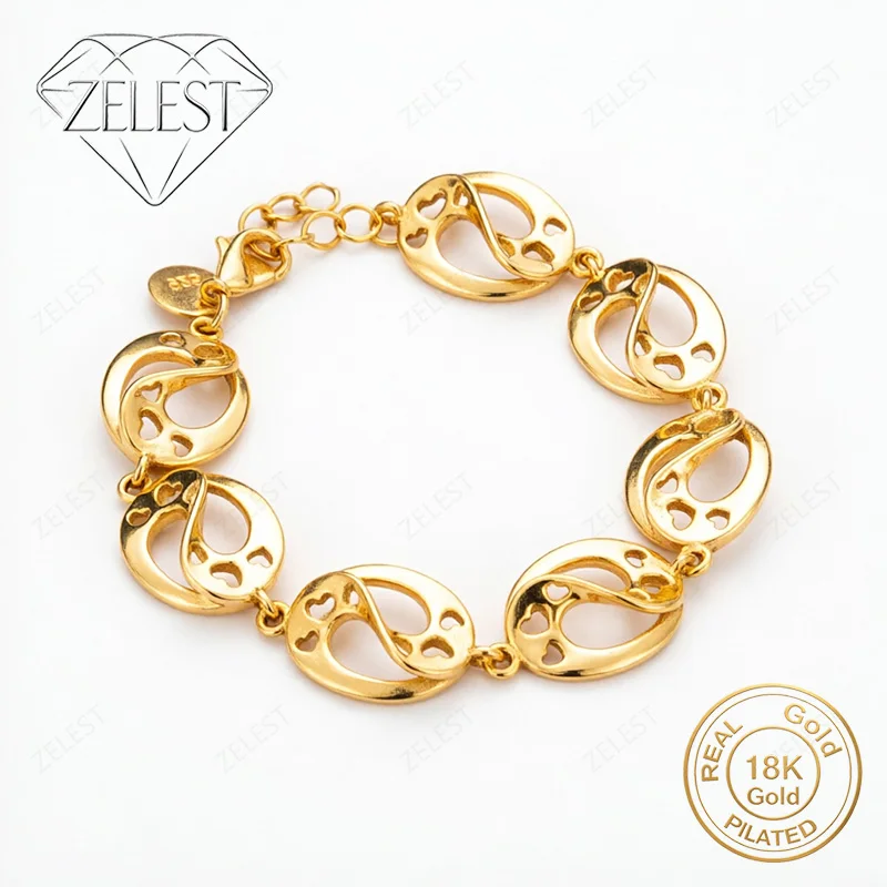925 Sterling Silver 18K Gold Plated 8-inch Exquisite Oval Openwork Heart Bracelet, Women's Fashion Wedding Party Jewelry