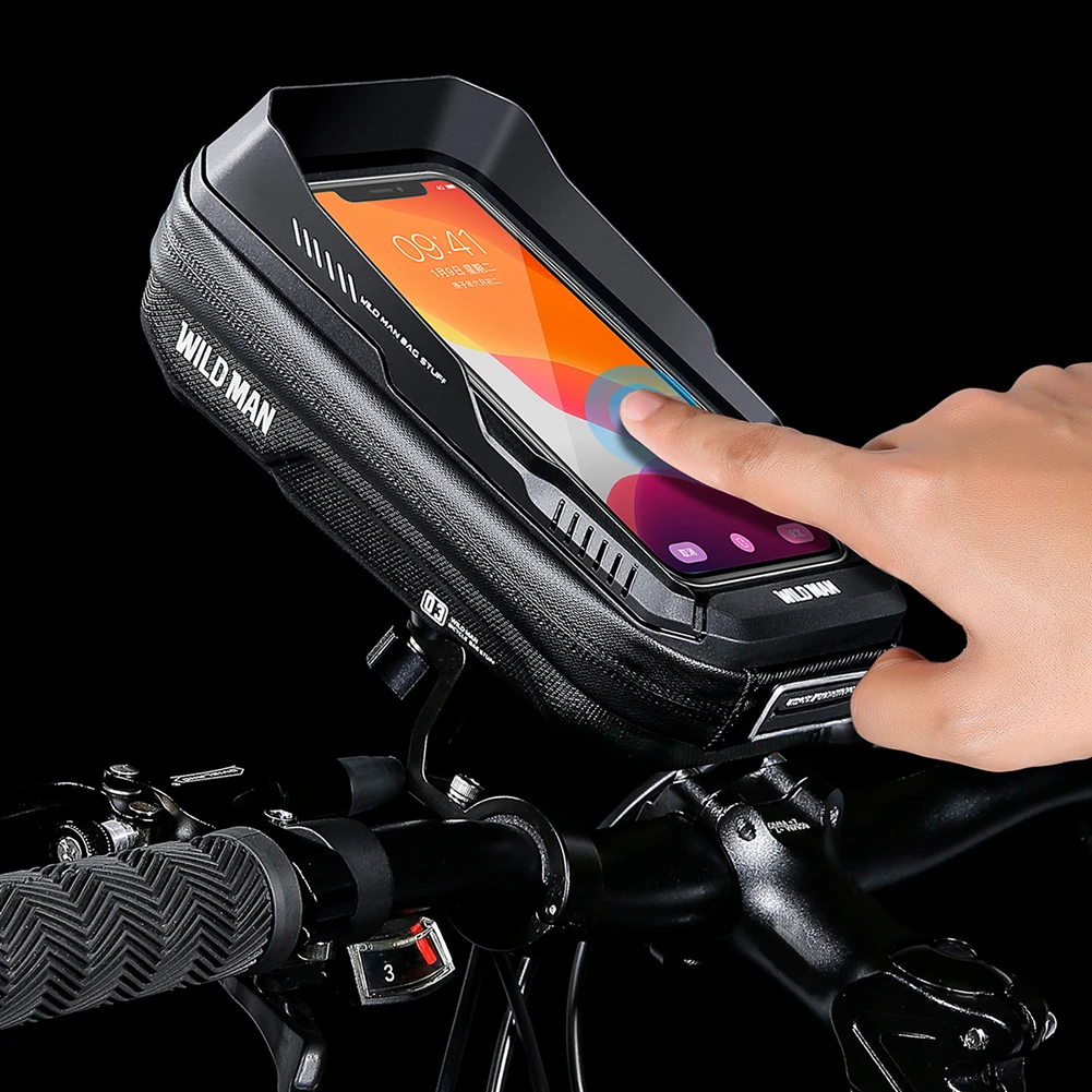 

WILD MAN Mountain Bike Hard Shell Handlebar Bag 0.6L Cycling Bag Phone Holder Touch Screen Quick Release for MTB Bike Motorcycle