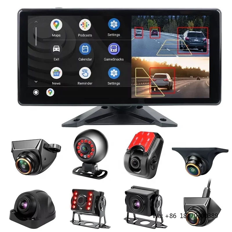 Беспроводной монитор GreenYi 10.36'' с Apple CarPlay, Android Auto, AI-радаром слепых зон, сигнализацией BSD, 4-канальным видеорегистратором и сенсорным экраном для грузовиков и автобусов