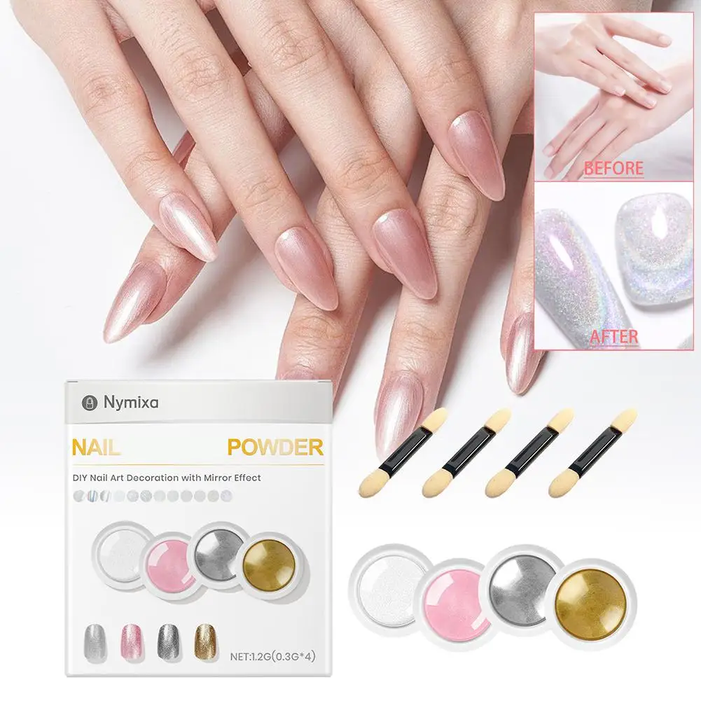 4-kleuren Aurora Magic Mirror Powder Nail Glitter Chrome Pigment Dust Effect voor Nail Art Decor Manicure Design