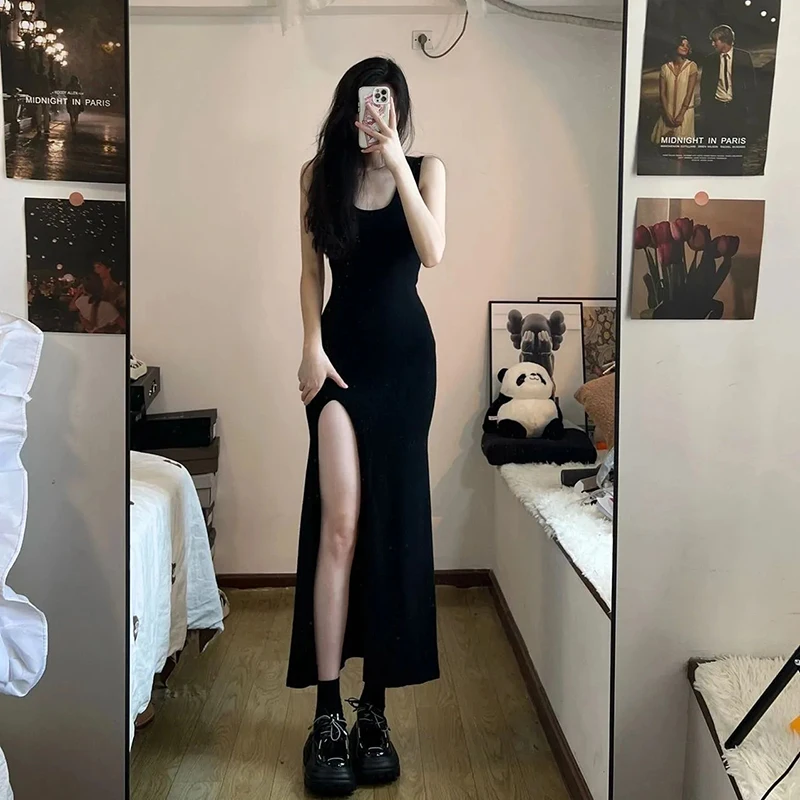 GIDYQ Sexy Sleeveless Strap Dress Women Black Slim Fit Side Slit Irregular Maxi Dress Summer Fall Korean Simple Elastic Dresses