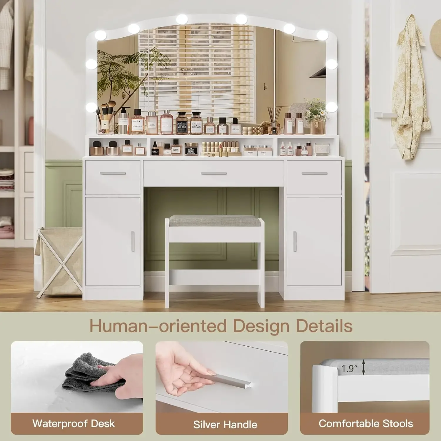 NEWMakeup Vanity with Lights, Vanity Desk, Makeup Vanity Table with 3 Drawers, 2 Cabinets &Long Storage Shelf, 10 Led Lights image 2