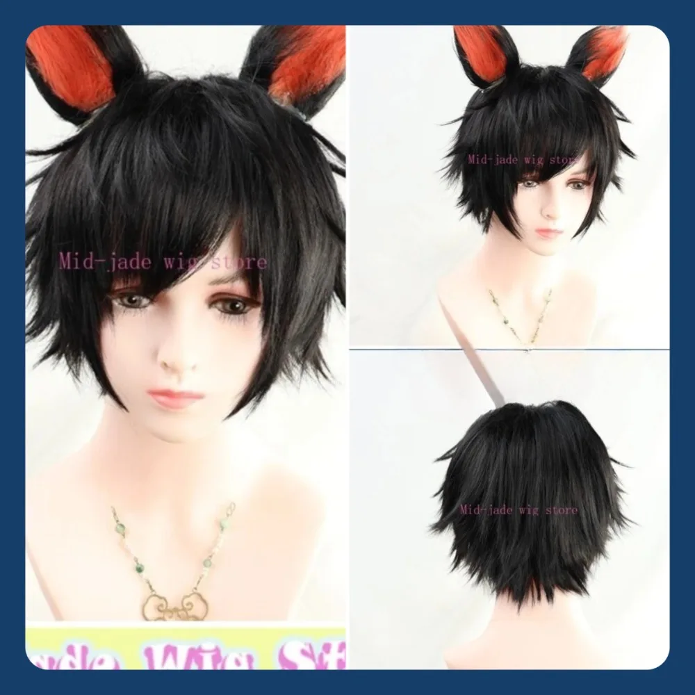 

Mid-jade Wig Store Arknights Aak Cosplay Wig Anime Cosplay Black Anti Curl Synthetic Hair+ears Halloween Wig