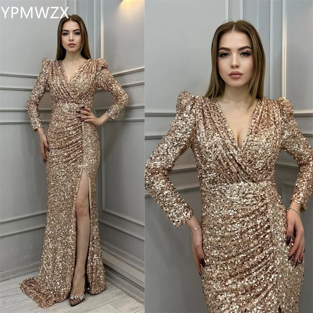 

Customized Women Party Dress Occasion Prom Gown Evening YPMWZX V-neck Mermaid Floor Length Sequin Ruffle Bespoke Dresse