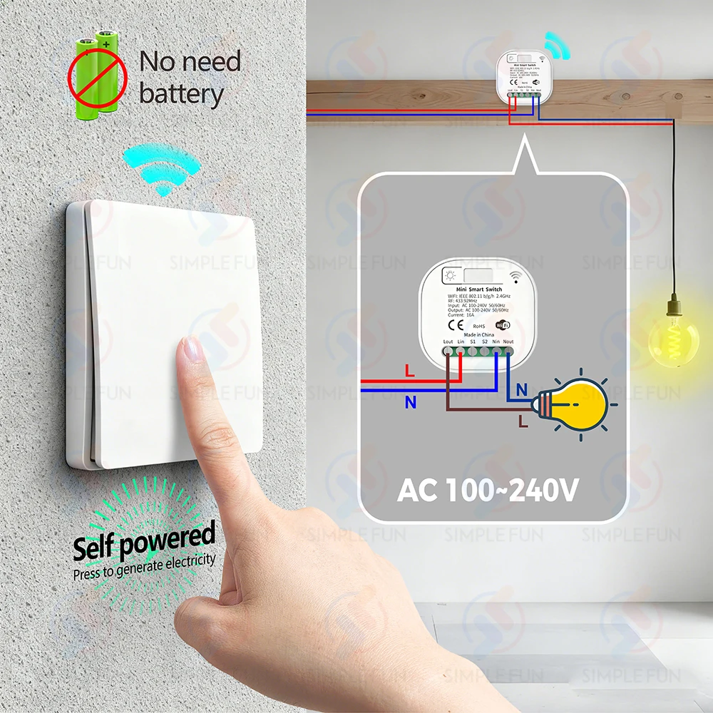 Inteligentny przełącznik światła Tuya WiFi 433MHz, bezprzewodowy panel, przełącznik kinetyczny, bez baterii, 110V~230V, przekaźnik czasowy, kompatybilny z Alexa i Google Home — zdjęcie produktu 5