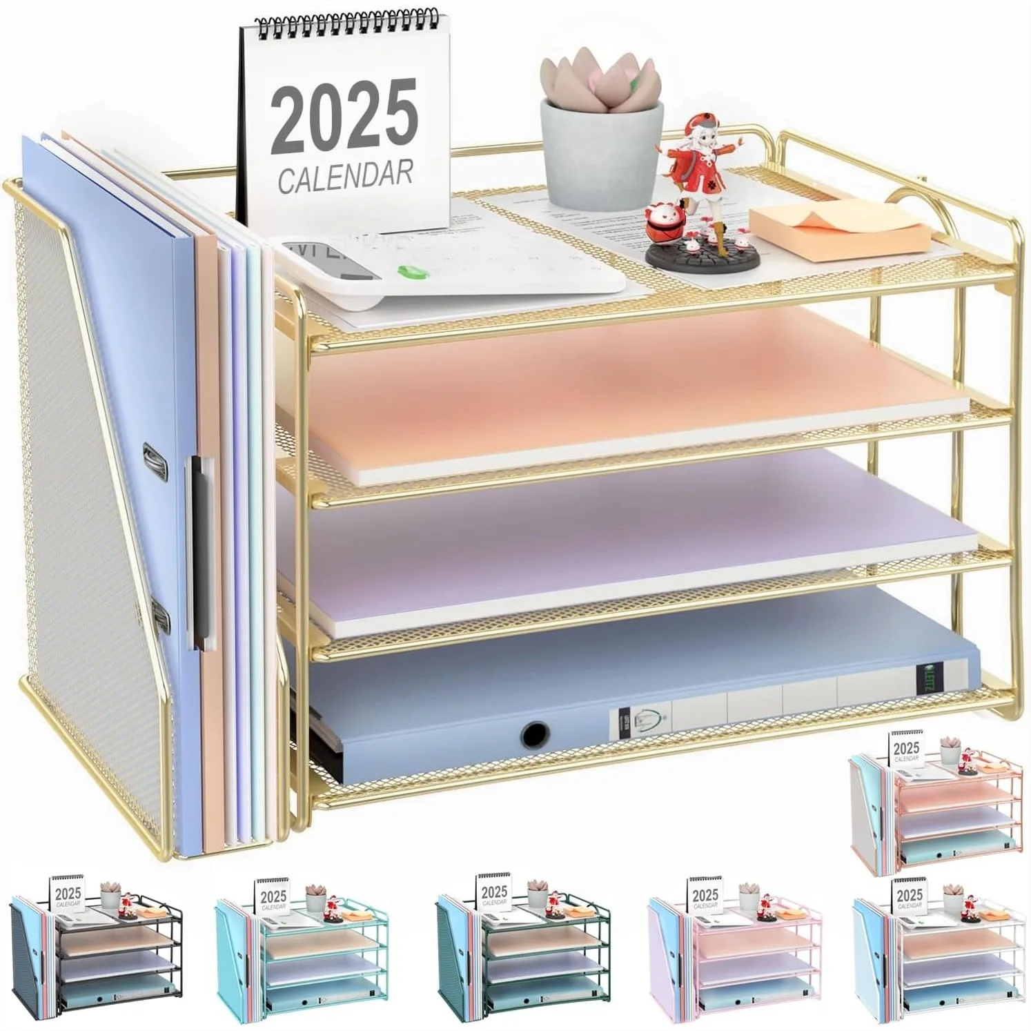 

4-Tier Paper Organizer with Magazine Holder, Heavy Duty Metal File Organizer for Desk, Desktop Storage for Office Supplies, A4