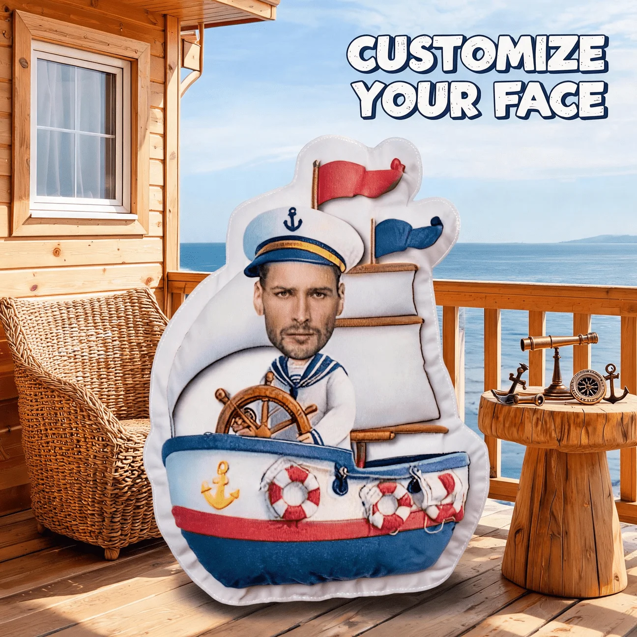 Custom Photo Sailor Boat Shaped Pillow, Personalized Face Captain Ship Decorative Cushion, Unique Home Decor Accent for Sofa & B