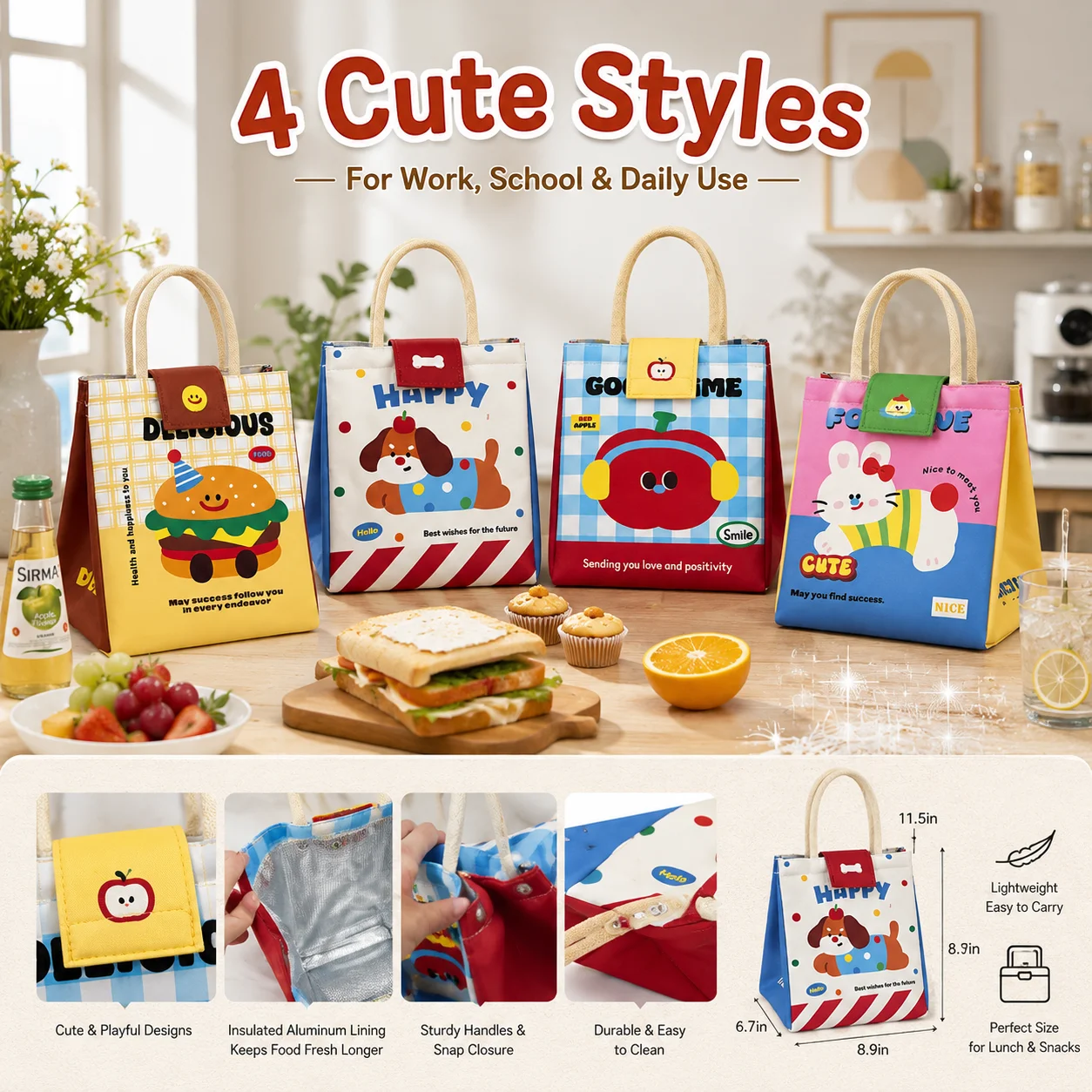Insulated Fresh Keeping Cartoon Bento Bag Large Capacity Handheld Meal Tote For Working People Teen Students