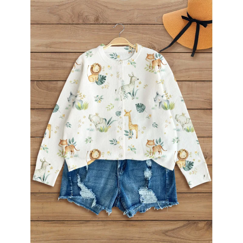 

Animal Print Digital-Printed Women's Knit Cardigan Thick, Oversized Crew Neck Long Sleeve Fall/Winter Casual Style