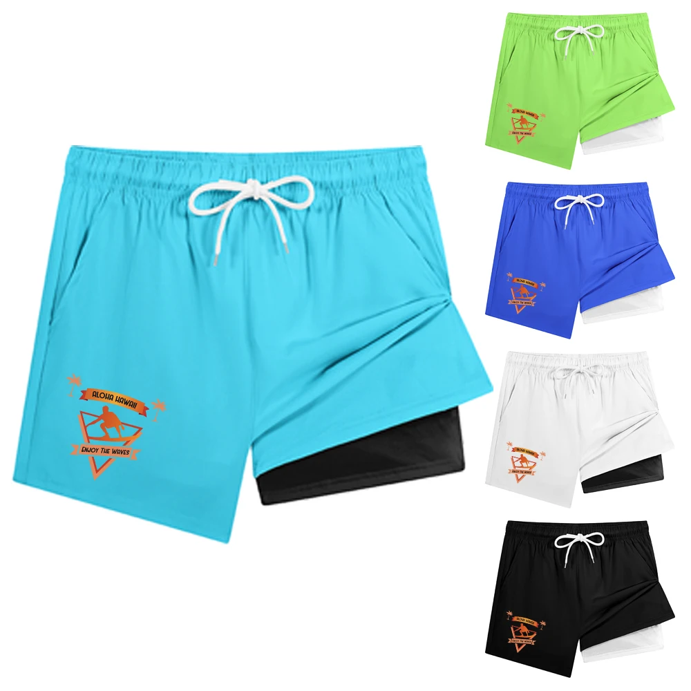 

Мужские быстросохнущие двухслойные пляжные шорты с завязками на талии и карманом для телефона, гавайские плавки с графическим принтом «Enjoy the Waves»