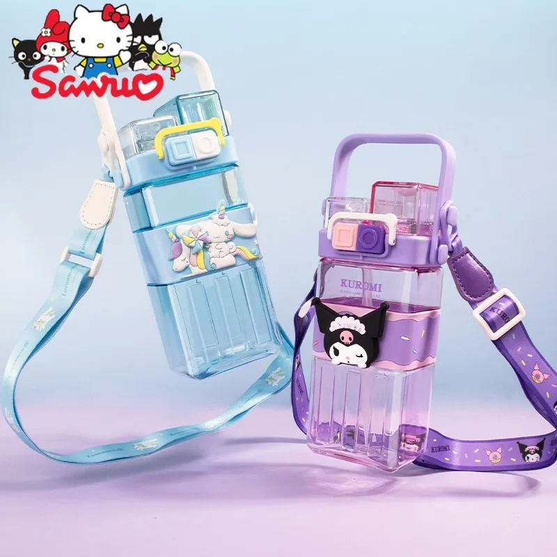 MINISO Melody Kuromi Hello Kitty Cinnamoroll Pochacco Children's Water Cup Straw  Water Cup Square Tote Cup Portable Strap Cup