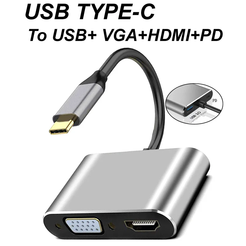 

4 in 1 Type C to 4K HDMI-Compatible VGA USB-A 3.0 60W PD OTG Charging Power Audio Video Adapter Cable for PHone Laptop Xiaomi