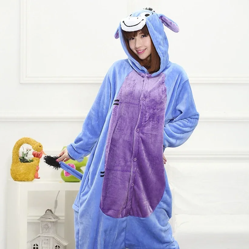 Donkey Animal Bodysuit Adult Pajamas Costume Cartoon Women's Long Sleeved Hooded Fleece Pyjamas Homewear One Piece Jumpsuity