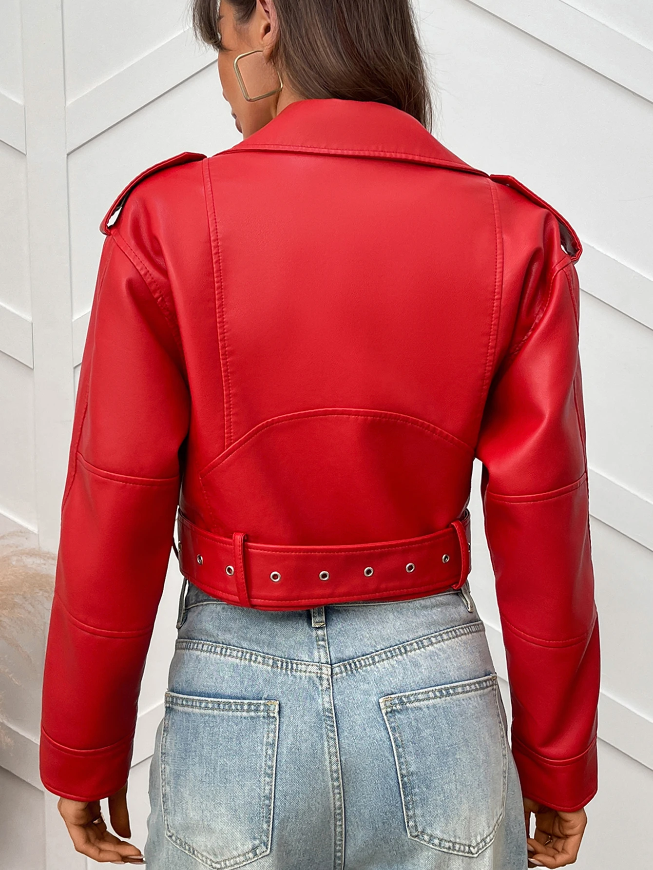 سترة Fitaylor النسائية المصنوعة من الجلد الصناعي مع طية صدر السترة للدراجات النارية من الجلد معطف أحمر كاجوال #6