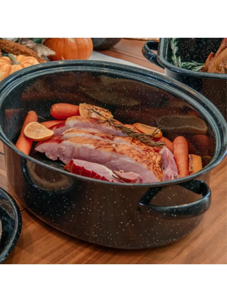 19 inch oval roaster with Lid, Oval Rack included (Speckled Black) - design to accommodate up to 20 lb poultry/roast. Resists