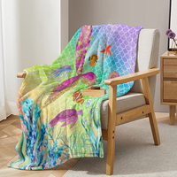 Marine Life and Pink Mermaid Tail Printed Flannel Throw Blanket Soft for Girls Kids Comfort Cozy Throw Blanket for All Seasons