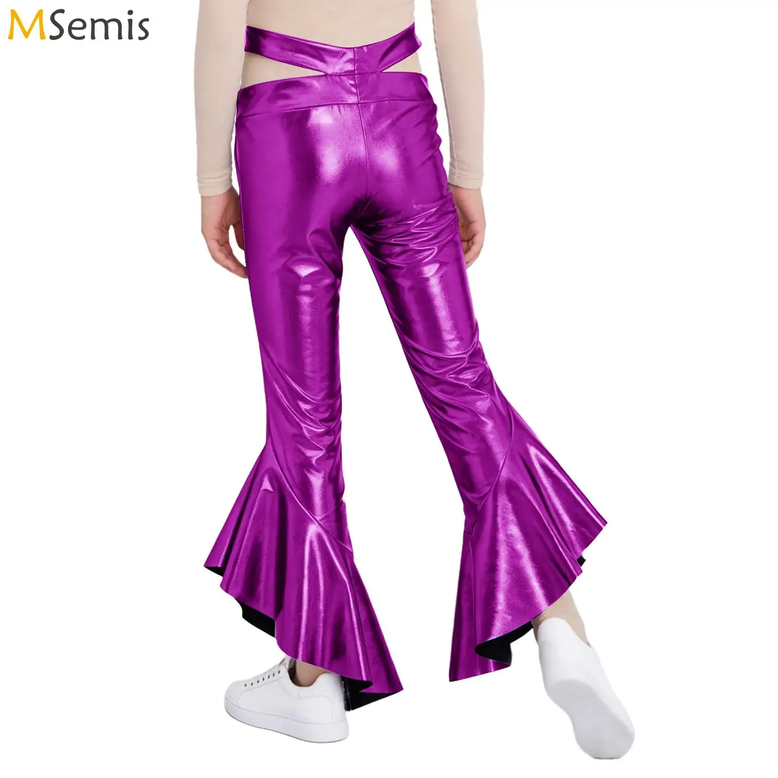 

Детский костюм для выступлений в стиле диско, хип-хоп, джаз для девочек: металлизированные расклешенные брюки с перекрестным поясом и оборками, брюки-клеш