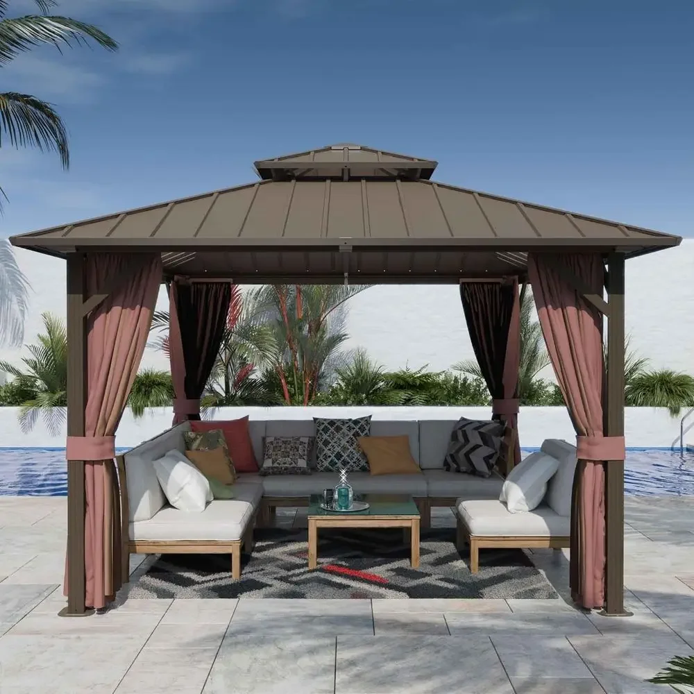 

12'x12' Hardtop Gazebo, Outdoor e Galvanized Steel Double Roo Pavilion with Netting and Shaded Curtains, Permanent Metal Pergola