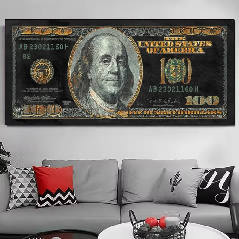 Luxury 100 Dollar Money Bill Charging Bull Inspirational Abstract Poster Canvas Painting Wall Art Pictures Home Office Decor