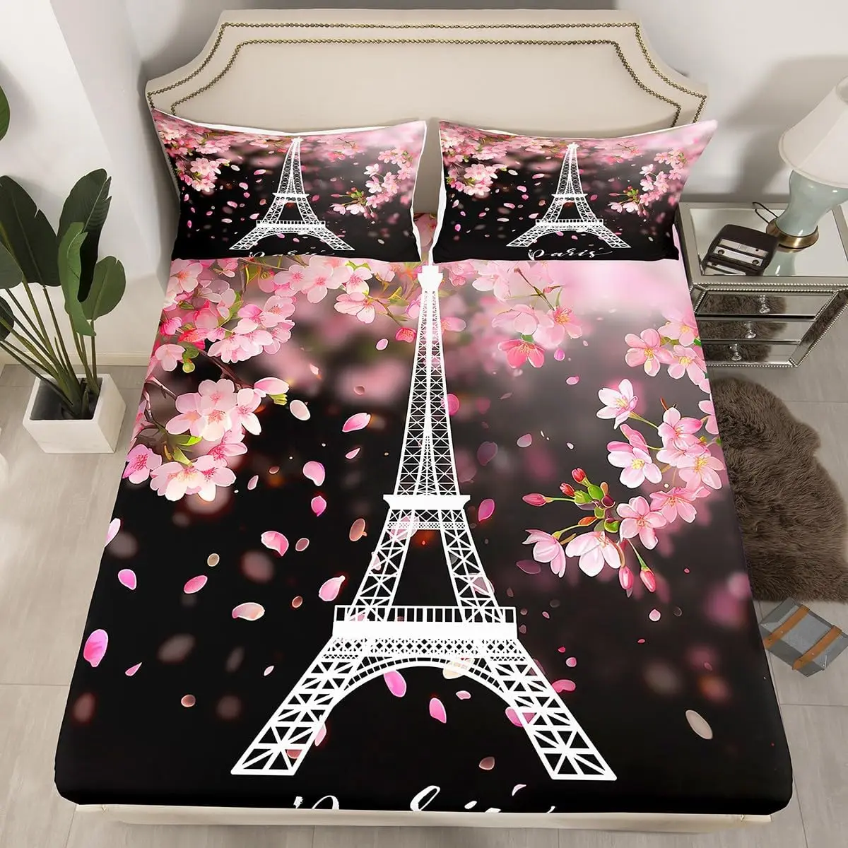 Eiffel Tower Fitted Sheet Single Twin Queen Size Cherry Blossoms Bed Sheet Set For Valentine's Day Gift Romantic Paris Bed Cover