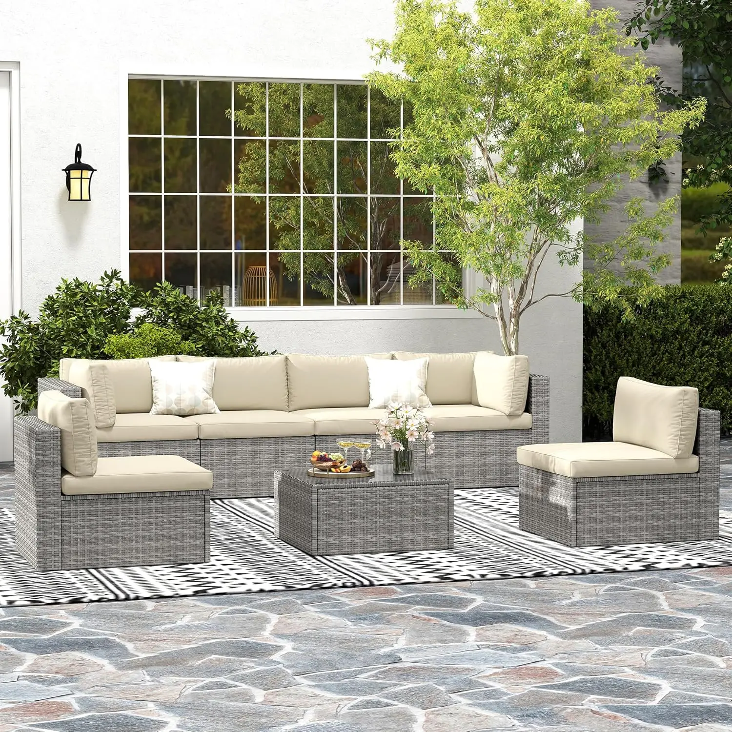 

7 Pieces Outdoor Patio Furniture Sets with Glass Tea Table, PE Rattan Wicker Patio Conversation Set with Washable Cushions, Outd