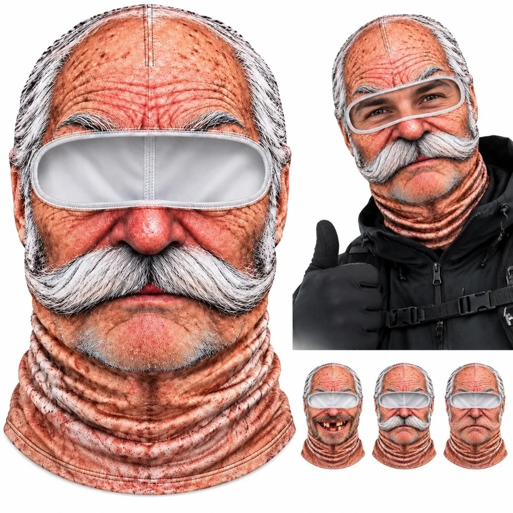 3D Face Printed Old Man Balaclava Full Coverage Breathable Eye Hole Winter Mask Cover White Mustache Stretch Ski Mask Hood