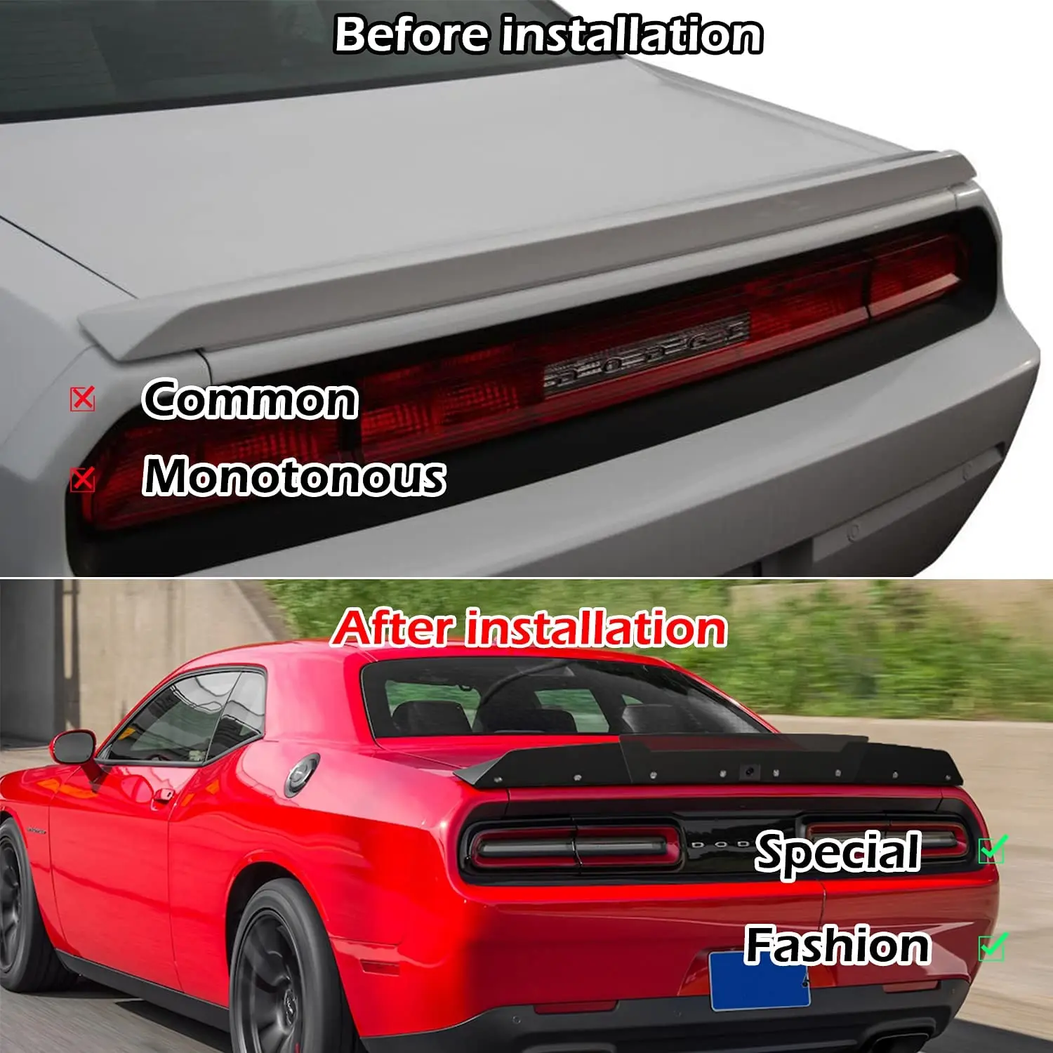 TM Rear wickerbill Spoiler for Dodge Challenger 2015-2021 Add-on Type Standard Edge Rear Decklid Wicker Bill with Backup Camera