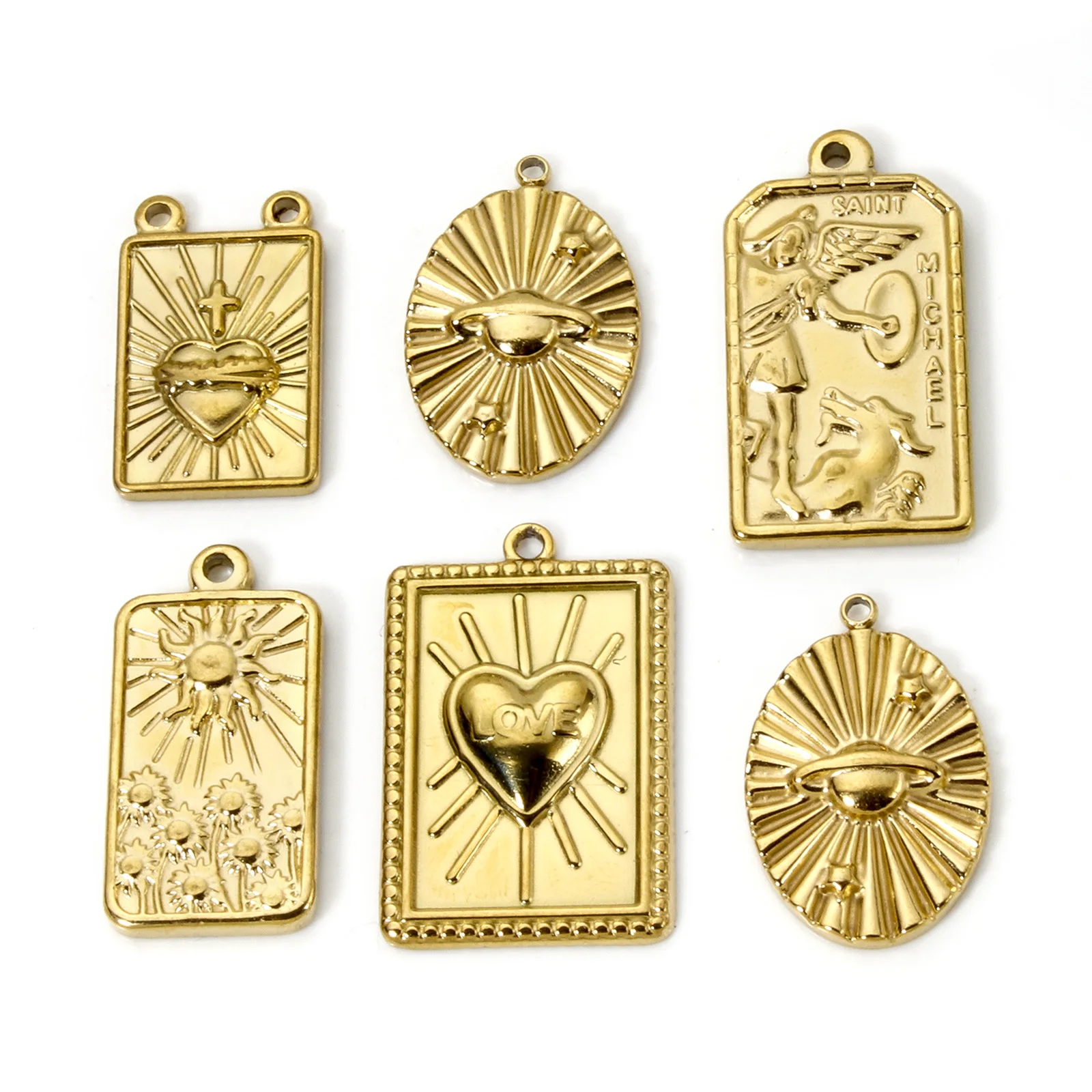 304 Stainless Steel Religious Charms 18K Real Gold Plated Rectangle Ex Voto Heart Sun Sunflower Angel Pendants Necklace DIY, 2pc