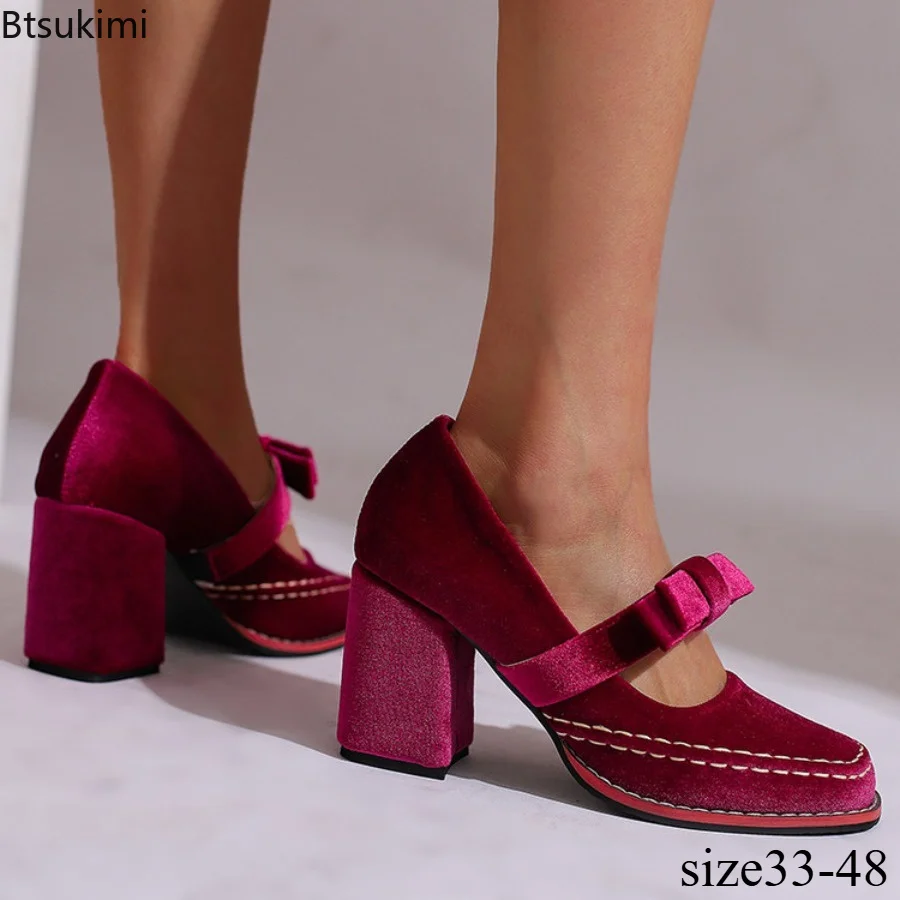 New Romantic Ladies Mary Jane Thick High-heeled Shoes Fashionable Round Toe Bow Thick Soled Shoes Comfortable Casual Party Shoes