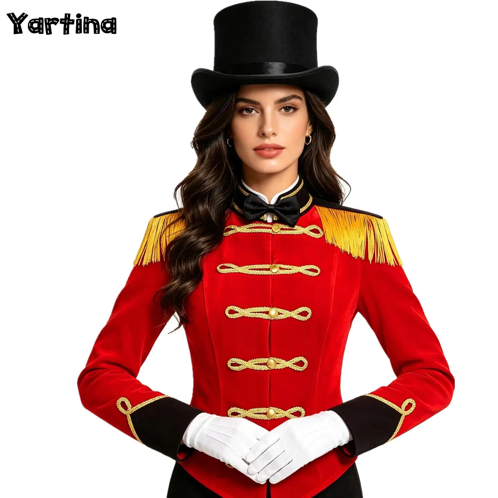

Womens Circus Ringmaster Showman Cosplay Costume Set Long Sleeve Lion Tamer Fringed Jacket Coat with Hat Bow Collar Gloves
