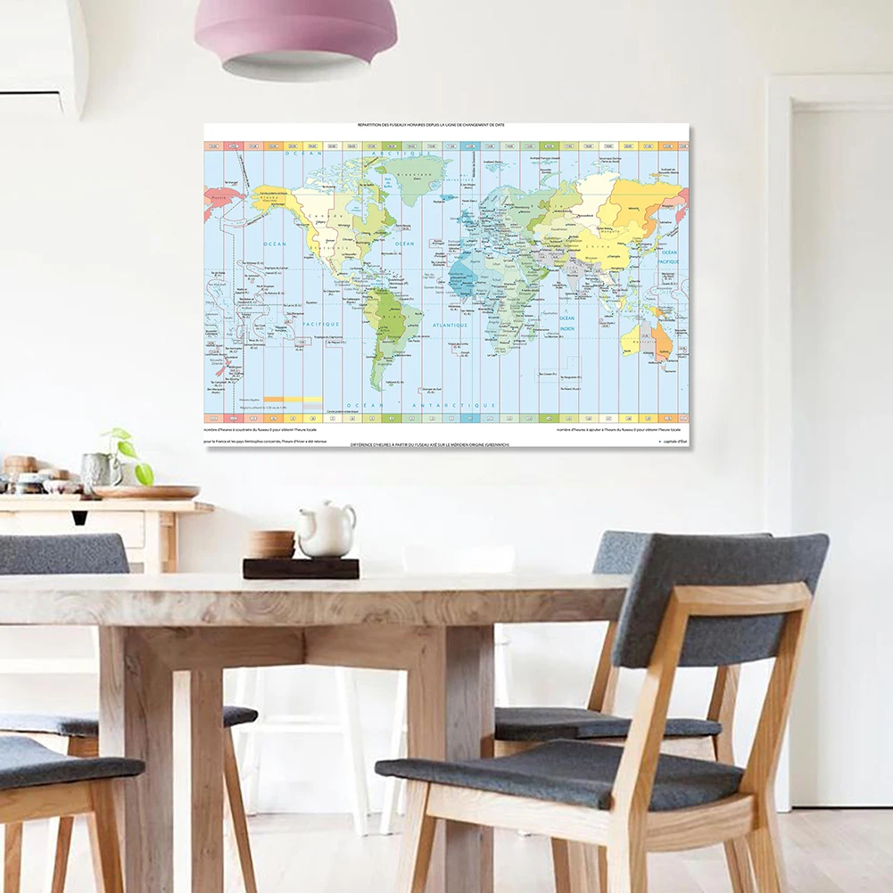 The Wold Time Zone Map in French Vintage Non-woven Canvas Painting Wall Art Poster School Supplies Home Decor 150*100cm