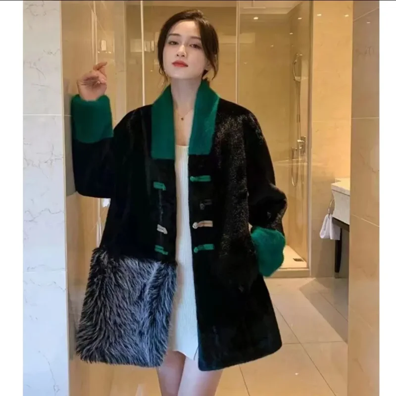 Faux Mink Fur Coats for Women,Single Breasted Jackets,Female Overcoat,Thicken Warm Clothes,Chinese Style,Spliced,New,Winter,2024