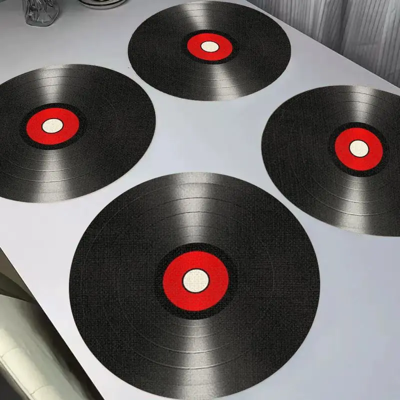 VIKAMA Retro Vinyl Record Circular Linen Placemats, Heat Resistant Washable for Dining Table Home Decor