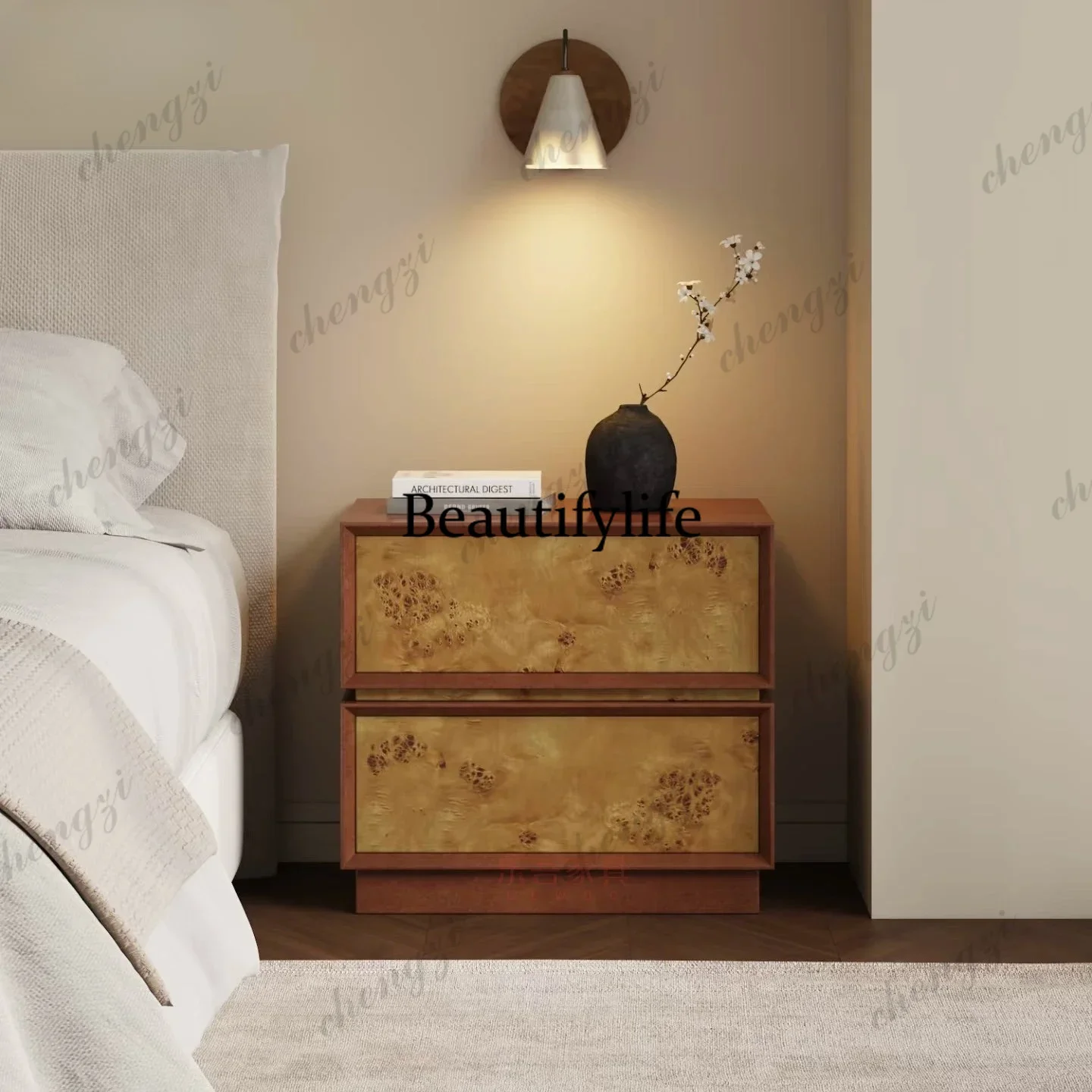 Beautiful Italian minimalist bedroom bedside table retro tree tumor pattern creative round high-end bedside table