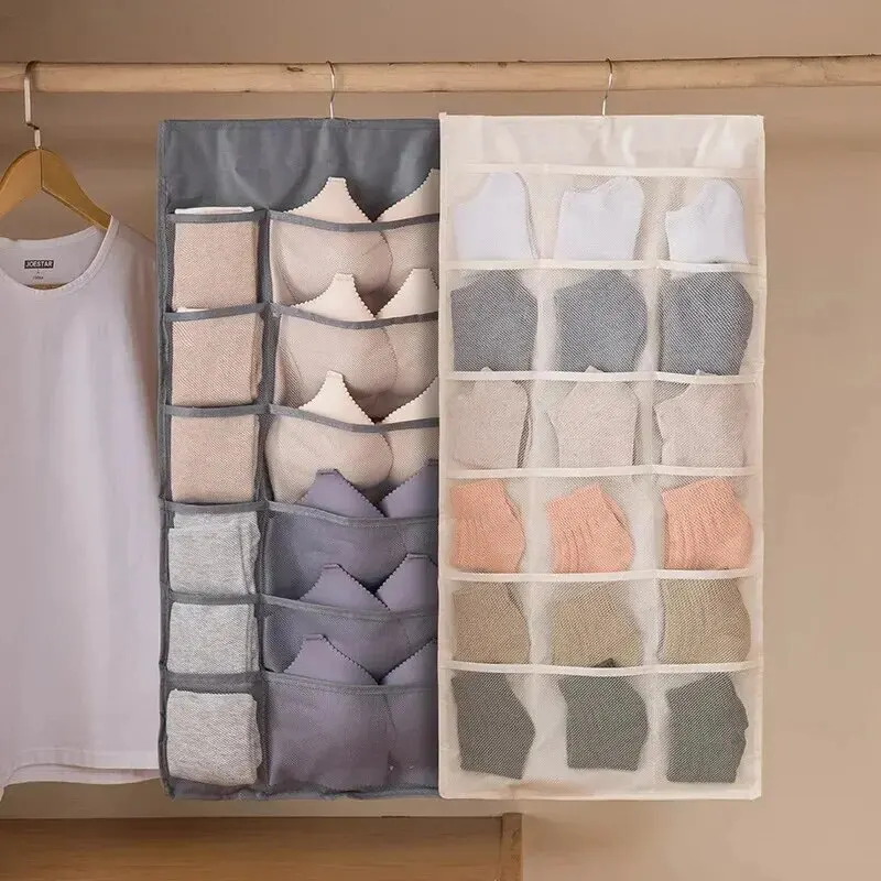 2-sided Hanging Storage Bag Underwear Socks Bras Home Use Wardrobe Hanging Bag Pink Grey Beige Modern Simple Style