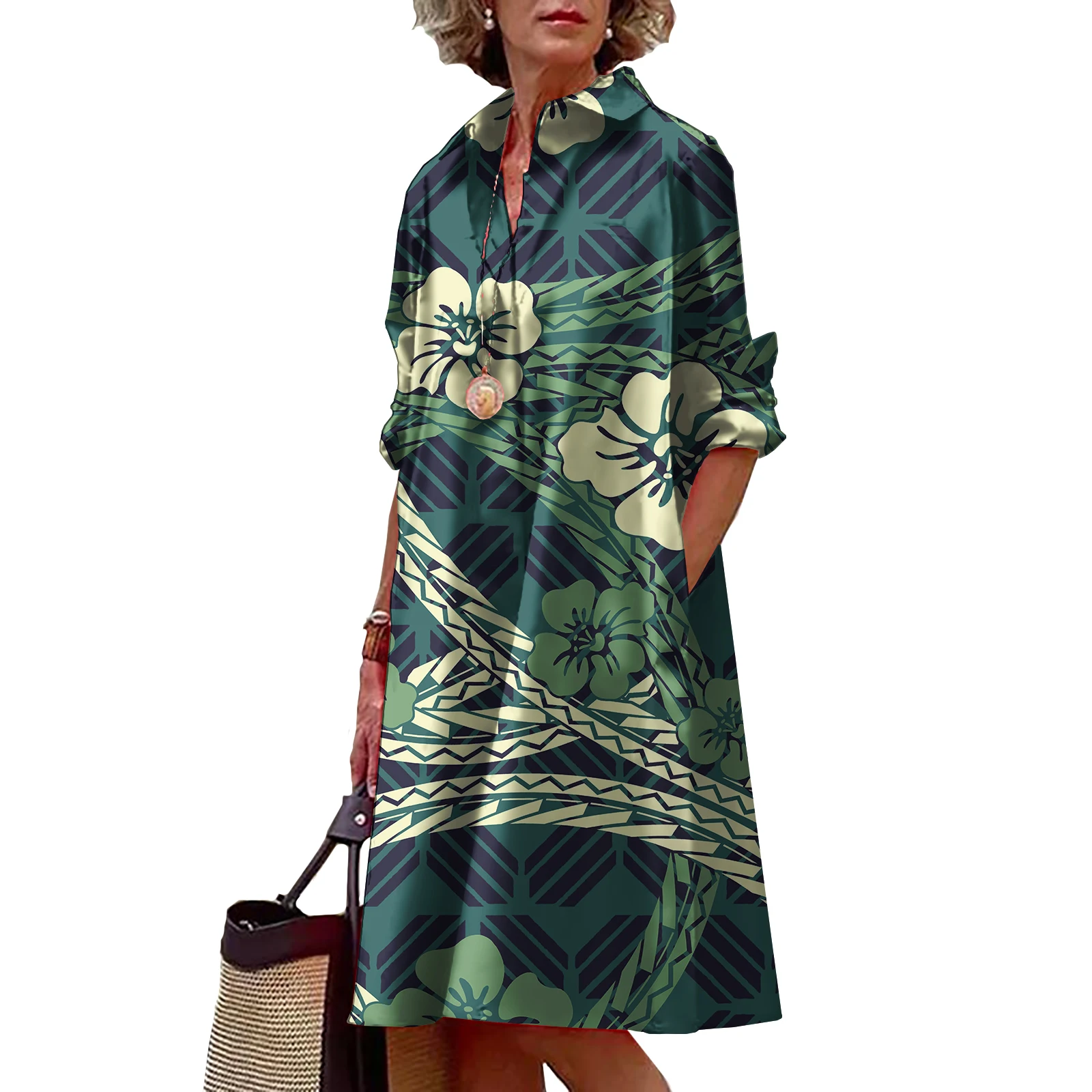 Custom Women's Printed On Demand Samoa Logo Pattern Evening Dress Polynesian Print Dress Shirt Dress