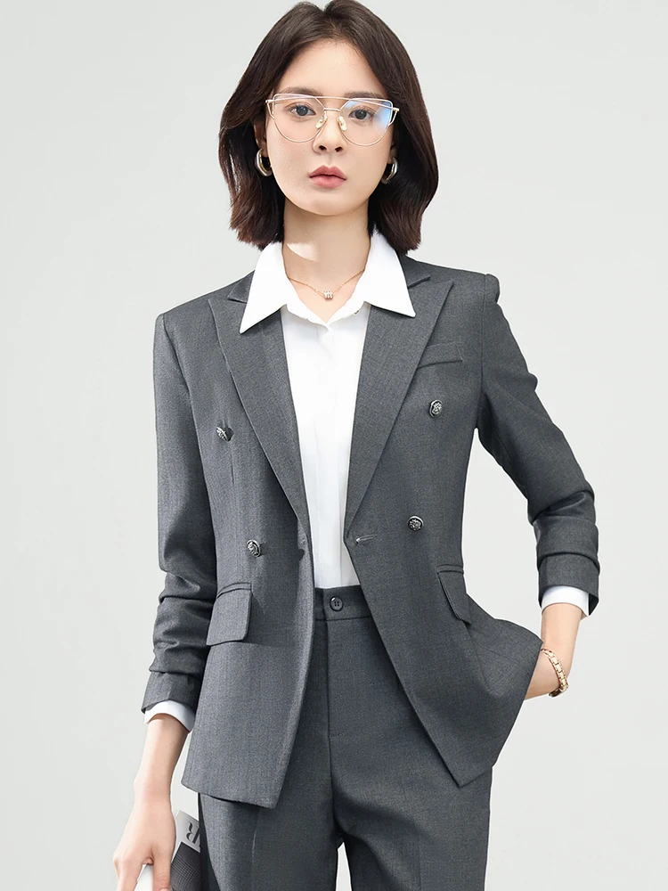 Blue Professional Suit Jacket Women's Autumn New Style Double Button Career Interview Formal Workwear Polyester Fiber