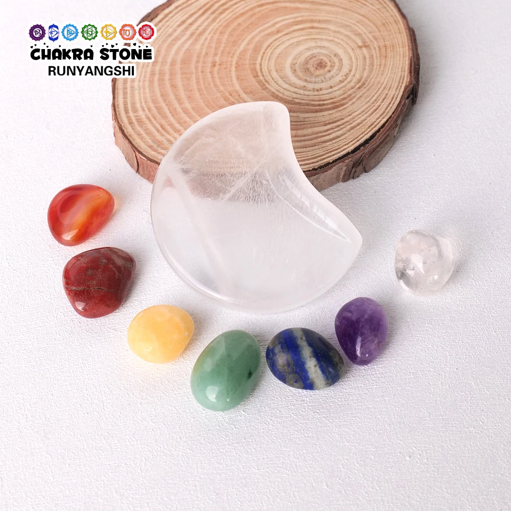 

Natural Clear Quartz Crystal Moon Bowl Chakra Stone Set Health Healing Stone Home Energy Exquisite Gift