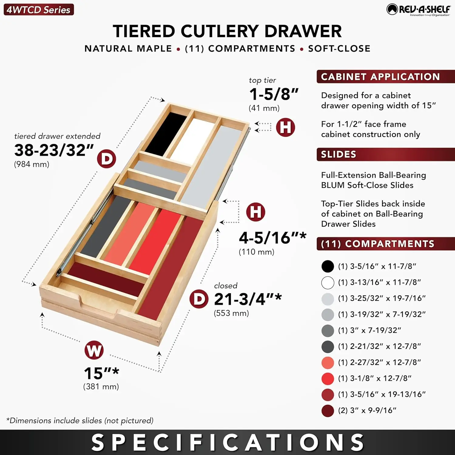 15 Inch Wide 2 Tiered Kitchen Utensil & Cutlery Pullout Drawer Tray Organizer, 18