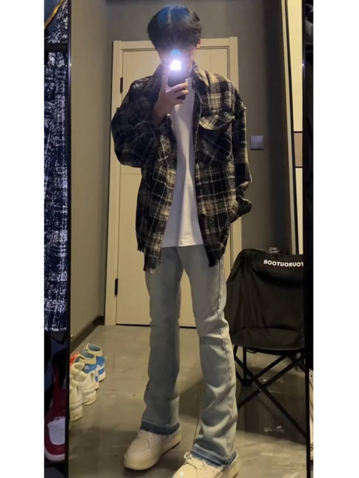 

Cleanfit Light Blue Men's Extended Length High Waist Slimming Jeans American Retro Vibe Flared Pants Straight Leg Jeans