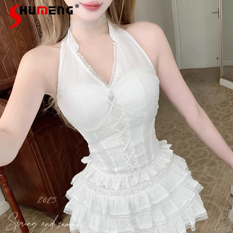 

French Style Sweetheart V-Neck Short Slim Fit Vest Slings Summer Pure Desire Patchwork Lace Halter Top Camisoles Women's Clothes